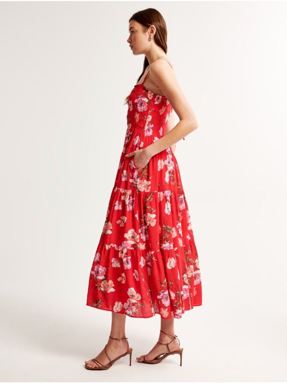 Abercrombie & Fitch Smocked Bodice Maxi Dress Red Floral Print XXSP Vacation - Picture 3 of 12